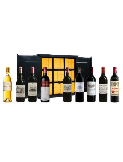 Duclot 9 bottles Case Bordeaux Collection (1 x 75cl of each Petrus, Mouton, Lafite,Margaux,Haut Brion,Mission,Cheval ,Ausone,Yquem)